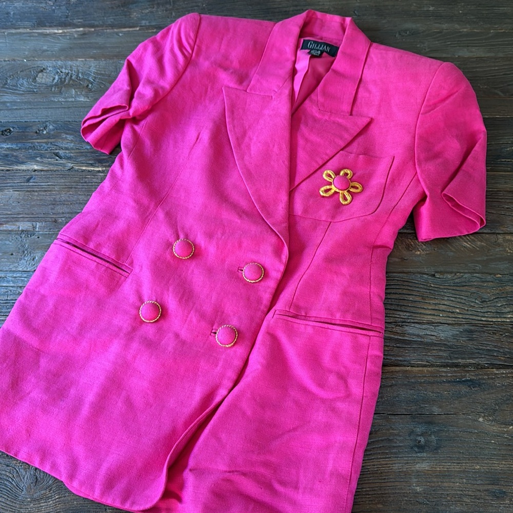Vintage Gillian 80’s bright pink linen suit set w/original brooch EVC size 6 - Picture 1 of 15